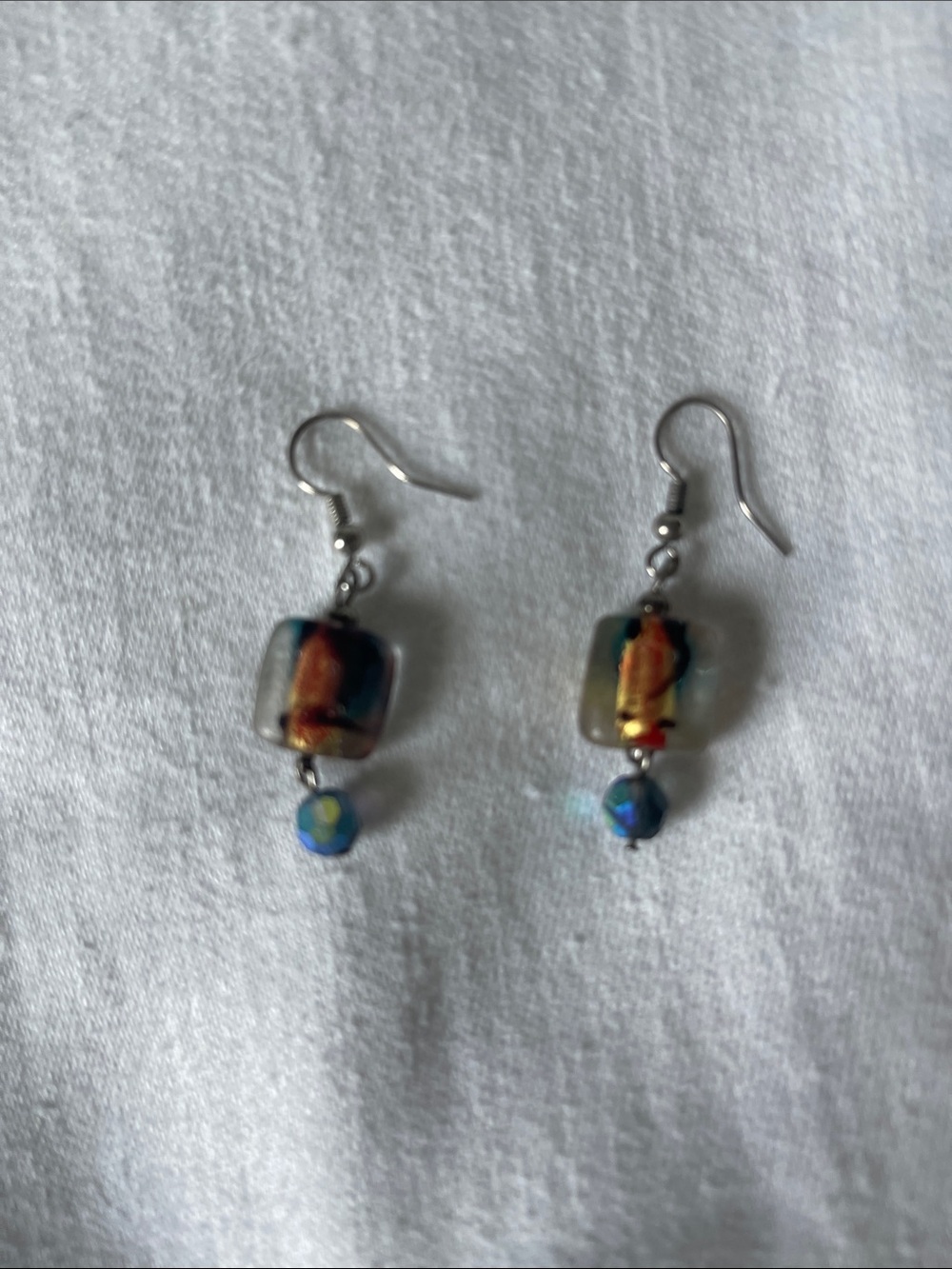 Handcrafted Multicolor Glass Drop Earrings - Iridescent Blue Accent